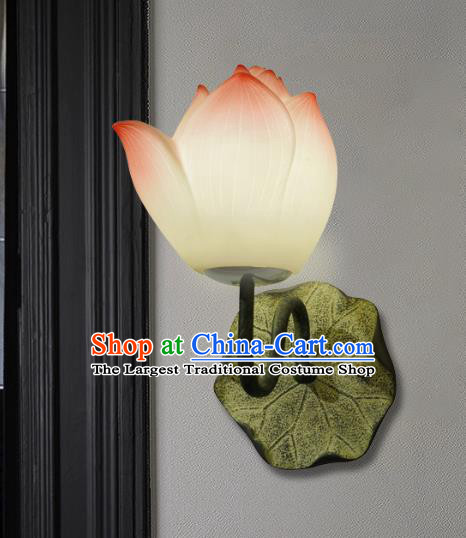 Chinese Traditional Lantern Handmade Painted Wall Lamp Classical Pink Lotus Lanterns Iron Art Bedside Lamp