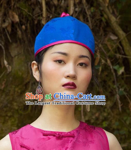 China National Ethnic Blue Brocade Hat Women Ancient Landlord Blue Headwear