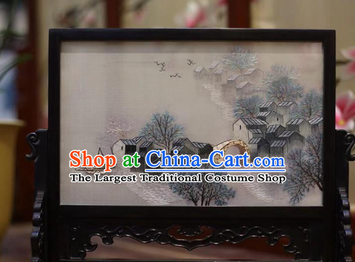 China Country Scenery Desk Screen Embroidered Table Screen Hand Suzhou Embroidery Craft Traditional Wood Carving Screen