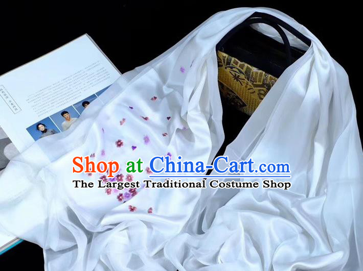 Traditional China White Silk Scarf Mother Cappa Embroidered Sakura Tippet Suzhou Embroidery Craft