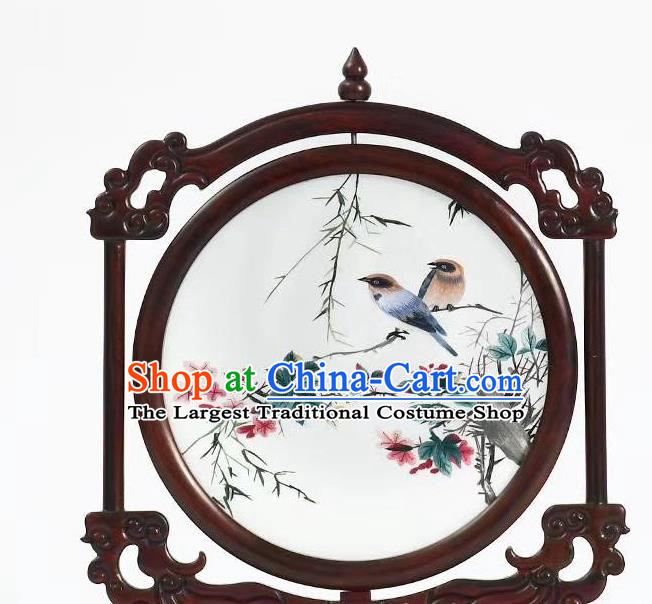 China Rosewood Artware Handmade Suzhou Embroidered Painting Craft Embroidery Table Decoration Flowers Birds Desk Screen