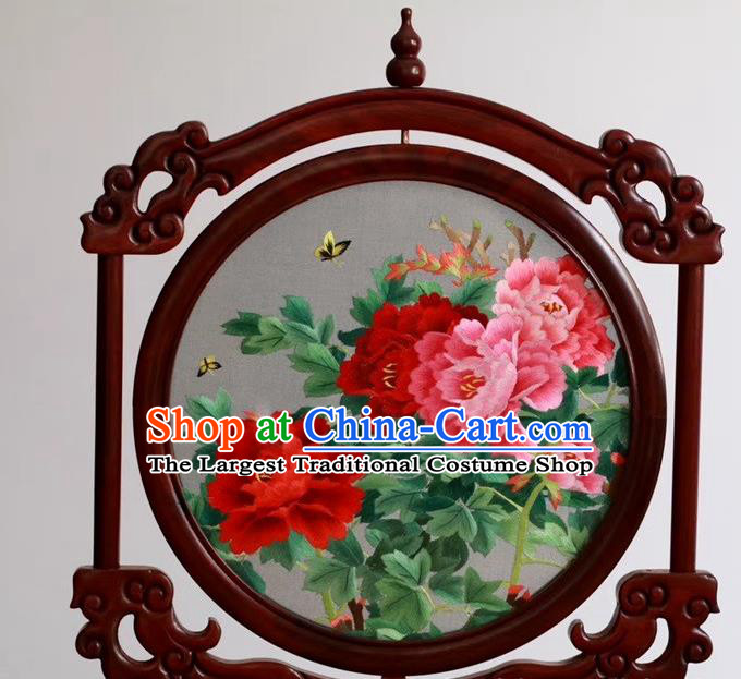 China Handmade Table Ornament Embroidery Peony Flowers Rosewood Desk Screen Suzhou Embroidered Craft