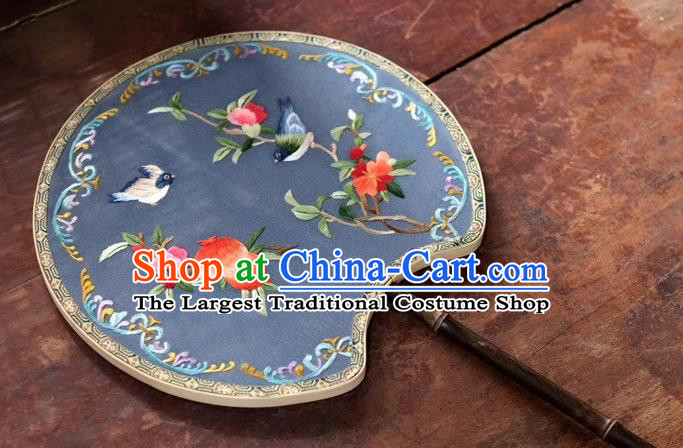 China Classical Dance Blue Silk Fans Ancient Black Bamboo Fan Suzhou Embroidery Pomegranate Double Side Fan Palace Fan