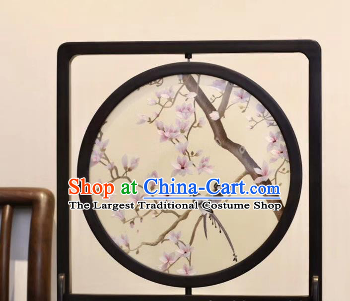 China Embroidery Craft Handmade Table Ornament Suzhou Embroidered Mangnolia Rosewood Desk Screen