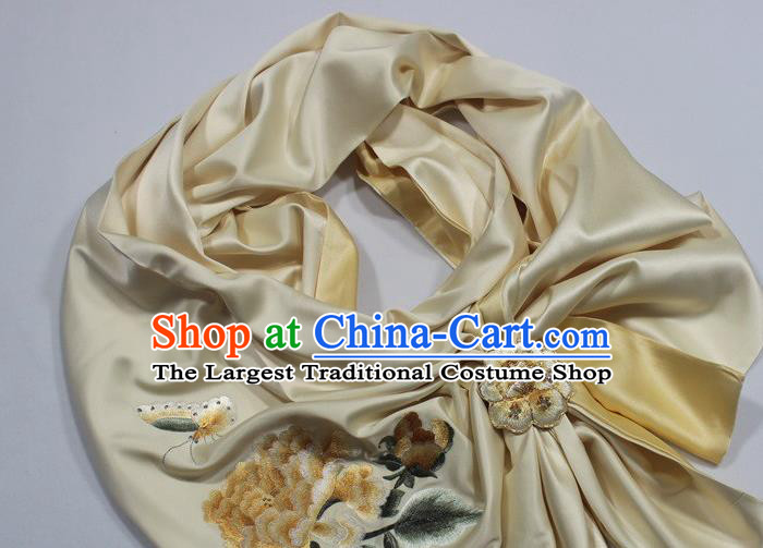Chinese Embroidered Peony Yellow Silk Scarf with Brooch Cheongsam Accessories