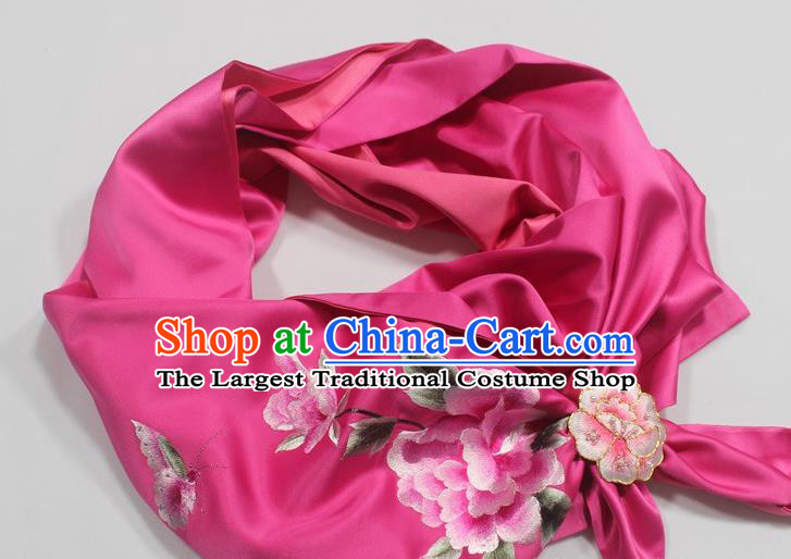 Chinese Traditional Cheongsam Scarf Accessories with Brooch Rosy Silk Embroidered Peony Tippet