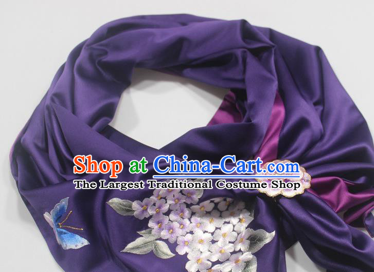 Top Purple Silk Tippet Chinese Traditional Embroidered Plum Butterfly Scarf with Brooch Cheongsam Cappa Accessories