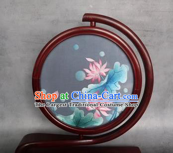 Traditional China Embroidered Lotus Painting Desk Screen Handmade Rosewood Carving Table Decoration