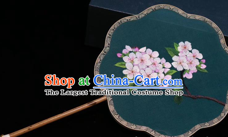 Deep Green Silk Fan China Traditional Handmade Embroidered Palace Fan Classical Dance Embroidery Plum Blossom Fan