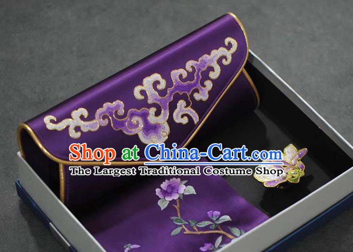 Chinese Embroidered Purple Silk Scarf and Handbag Brooch Traditional Suzhou Embroidery Cheongsam Accessories Set