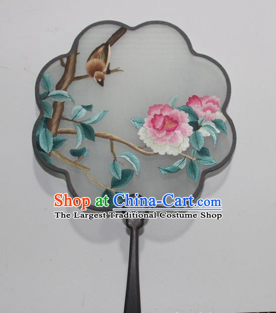 China Rosewood Embroidered Fan Traditional Embroidery Peach Blossom Palace Fan Handmade Double Side Silk Fan