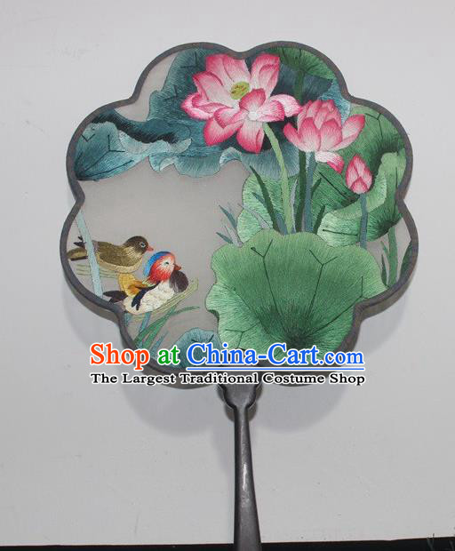 China Traditional Embroidery Mandarin Duck Lotus Palace Fan Handmade Double Side Silk Fan Rosewood Embroidered Fan