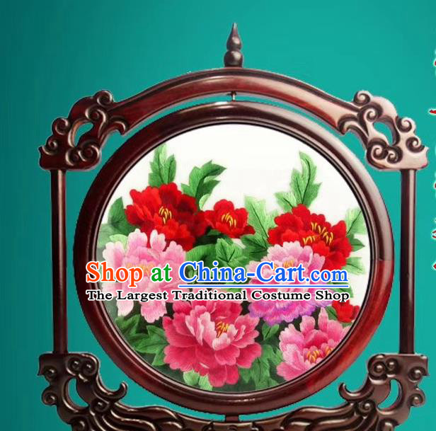 China Embroidered Peony Desk Screen Traditional Handmade Rosewood Decoration Double Side Suzhou Embroidery Craft