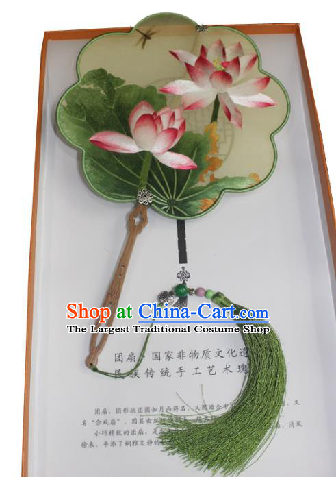 China Embroidered Dance Fan Handmade Suzhou Embroidery Lotus Palace Fan Green Silk Fan Traditional Hanfu Fan