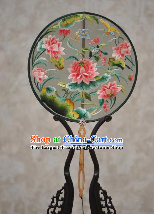 Handmade China Ancient Palace Fan Traditional Court Hanfu Fan Exquisite Embroidery Lotus Fans