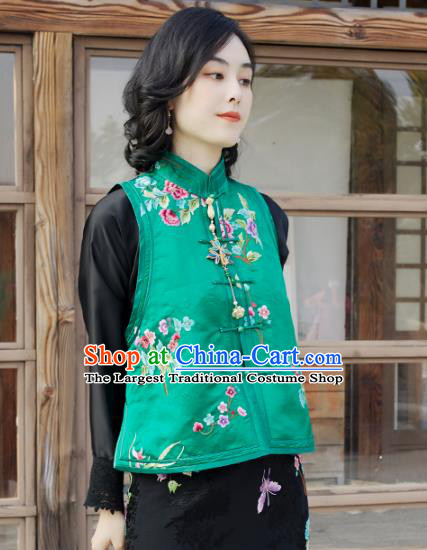Traditional Embroidered Green Satin Waistcoat National Female Clothing China Classical Cheongsam Vest Upper Outer Garment