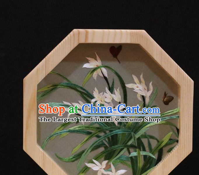 China Handmade Wood Desk Screen Traditional Table Decoration Embroidery Orchids Craft