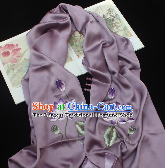 China Traditional Cheongsam Accessories Handmade Purple Silk Scarf Embroidered Lotus Tippet