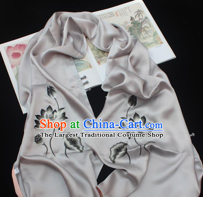 China Handmade Suzhou Embroidery Grey Silk Scarf Embroidered Lotus Tippet Traditional Cheongsam Accessories