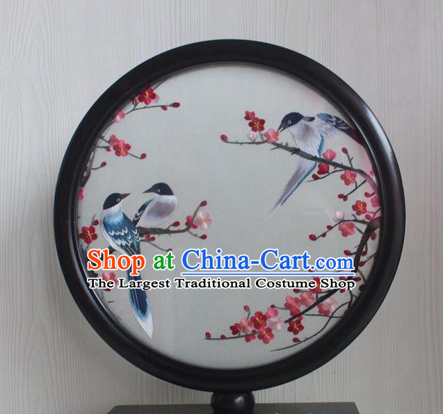 China Double Side Suzhou Embroidery Plum Bird Desk Screen Traditional Rosewood Table Decoration Handmade Craft
