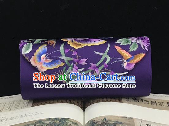 Handmade China Purple Silk Handbag National Chain Bag Traditional Suzhou Embroidery Orchids Clutch Bag