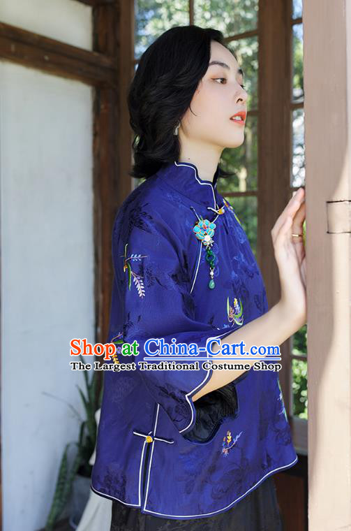 Chinese Women Upper Outer Garment Traditional Costume Embroidered Royalblue Shirt Tang Suit Silk Blouse