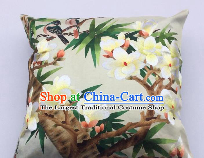China Suzhou Embroidery Yulan Magnolia Cushion Cover Traditional Embroidered Silk Pillowslip