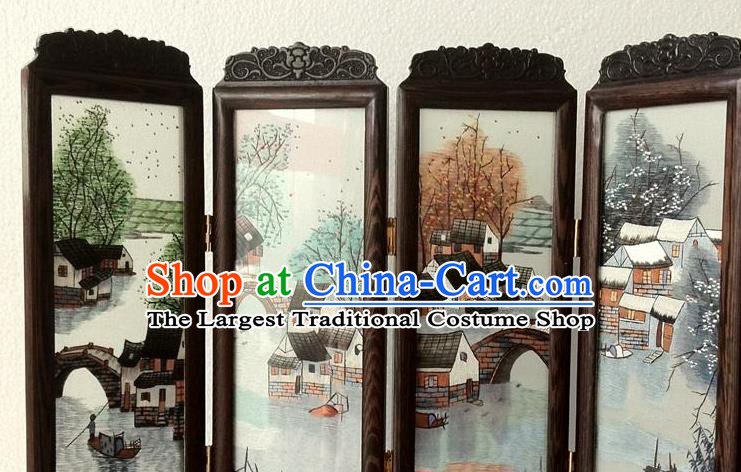 China Handmade Embroidered Craft Rosewood Table Decoration Traditional Suzhou Embroidery Water Town Desk Screen
