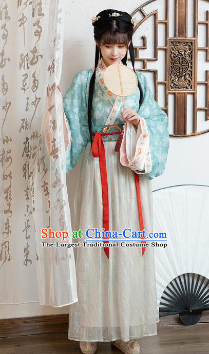 Chinese Jin Dynasty Historical Costumes Traditional Ancient Noble Lady Hanfu Apparels Blue Blouse and Skirt Full Set