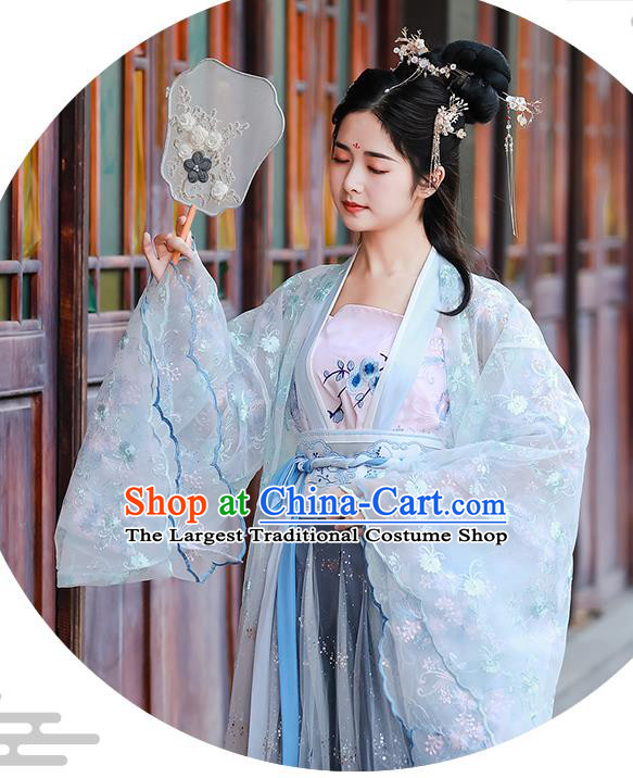 China Ancient Village Women Hanfu Apparels Blue Dress Traditional Tang Dynasty Country Lady Costumes Complete Set