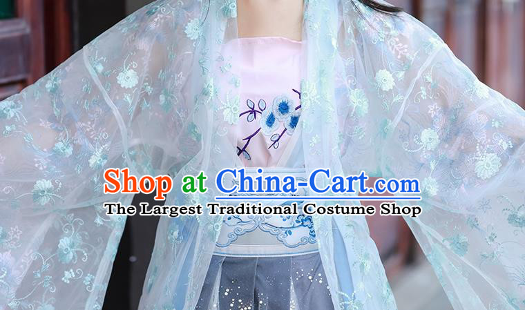 China Ancient Village Women Hanfu Apparels Blue Dress Traditional Tang Dynasty Country Lady Costumes Complete Set