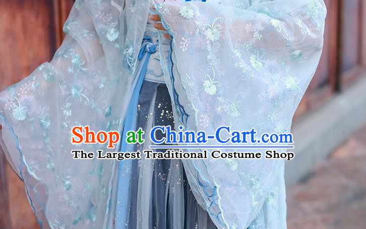 China Ancient Village Women Hanfu Apparels Blue Dress Traditional Tang Dynasty Country Lady Costumes Complete Set