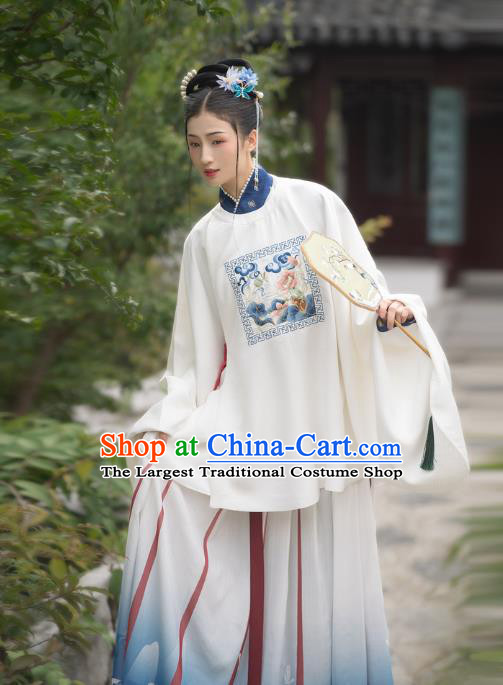 Chinese Ming Dynasty Countess Historical Costumes Traditional Ancient Patrician Women Hanfu Apparels Embroidered White Blouse and Skirt