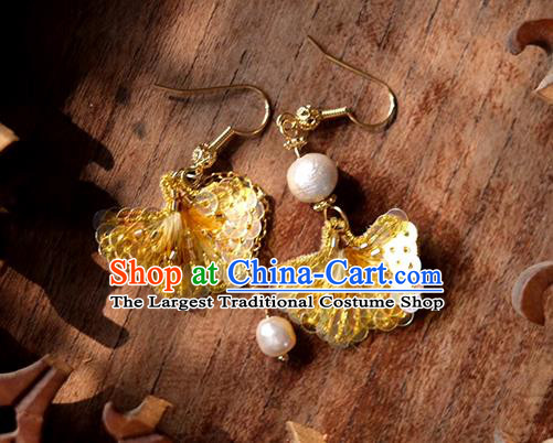 China Handmade Suzhou Embroidery Earrings Traditional Embroidered Ginkgo Leaf Ear Accessories