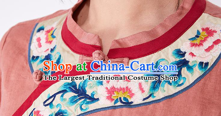 China Embroidered Qipao Clothing Traditional Women Dress Classical Rust Red Flax Cheongsam