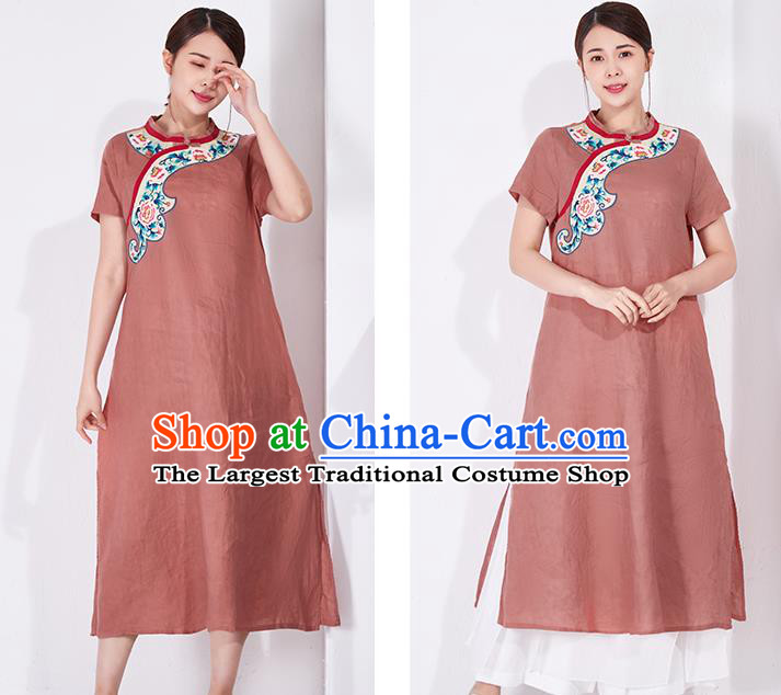China Embroidered Qipao Clothing Traditional Women Dress Classical Rust Red Flax Cheongsam