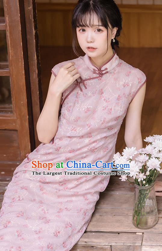China Pink Flax Qipao National Cheongsam Women Classical Dress Traditional Tang Suit Clothing
