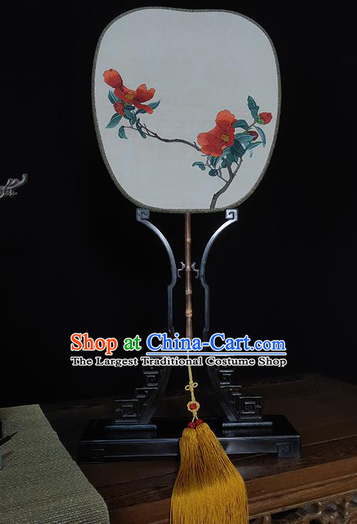 China Traditional Cheongsam Printing Red Flowers Fans Handmade Silk Palm Leaf Fan Bamboo Palace Fan