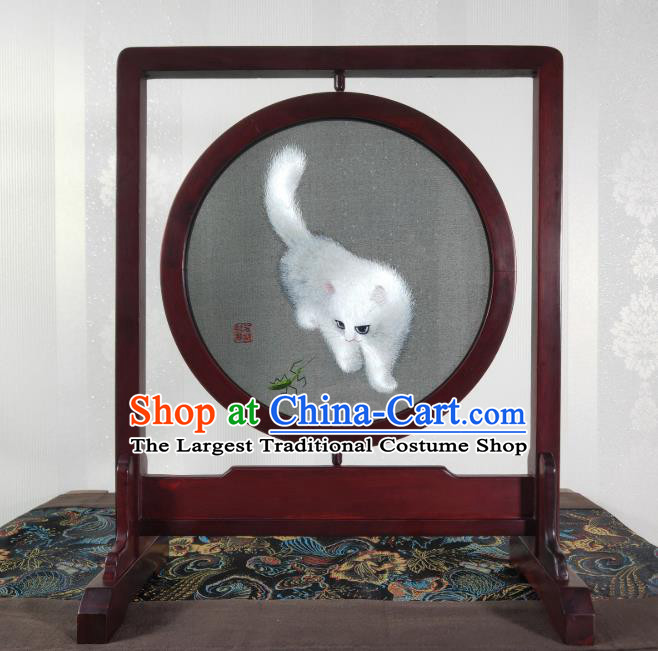 Chinese Handmade Double Side Suzhou Embroidery Cat Rotating Screen Traditional Embroidered Screen Craft Rosewood Table Decoration
