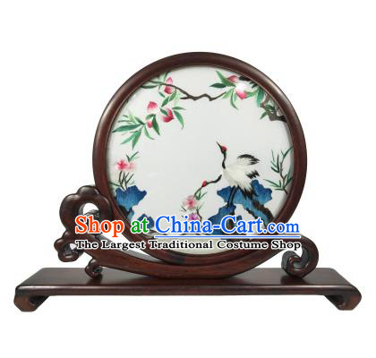 Chinese Rosewood Decoration Double Side Embroidered Screen Suzhou Embroidery Peach Crane Painting Table Screen Traditional Craft