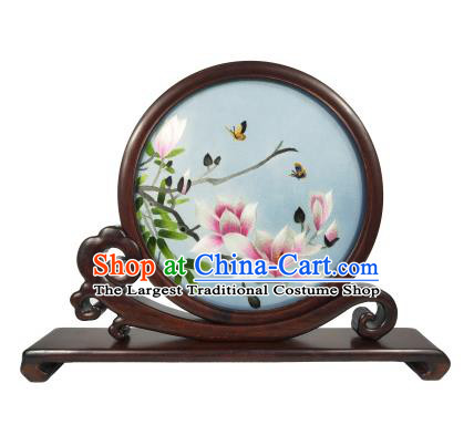 Chinese Rosewood Decoration Craft Suzhou Embroidery Mangnolia Painting Table Screen