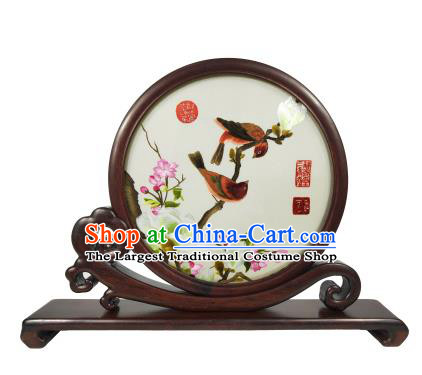 Chinese Embroidered Mangnolia Bird Painting Table Screen Rosewood Decoration Suzhou Embroidery Craft