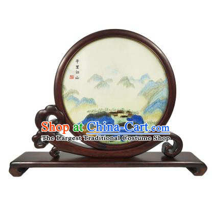 Chinese Embroidered The Vast Land Painting Table Screen Decoration Suzhou Embroidery Rosewood Craft