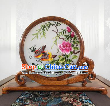 Top Grade Palisander Craft Handmade Chinese Embroidered Mandarin Duck Painting Decoration Suzhou Embroidery Table Screen