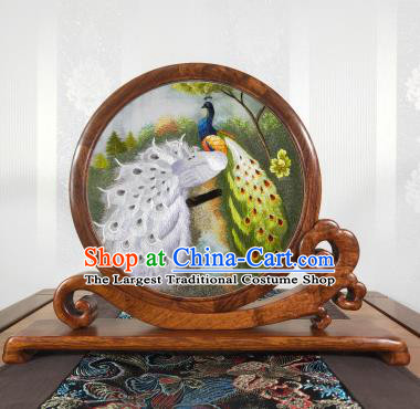 Handmade Palisander Table Screen Top Grade Suzhou Embroidery Craft Chinese Embroidered Peacock Desk Decoration