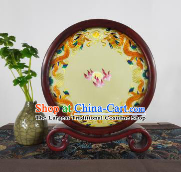 Handmade Exquisite Embroidered Dragons Table Screen China Suzhou Embroidery Traditional Craft Desk Decoration
