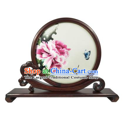 Chinese Embroidered Peony Butterfly Screen Traditional Rosewood Table Decoration Handmade Double Side Suzhou Embroidery Screen Craft