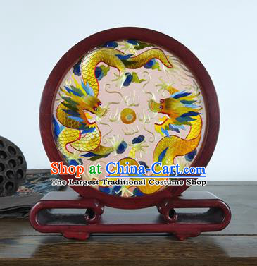 China Handmade Embroidered Rosewood Home Decoration Traditional Wood Carving Craft Classical Dragon Painting Table Screen