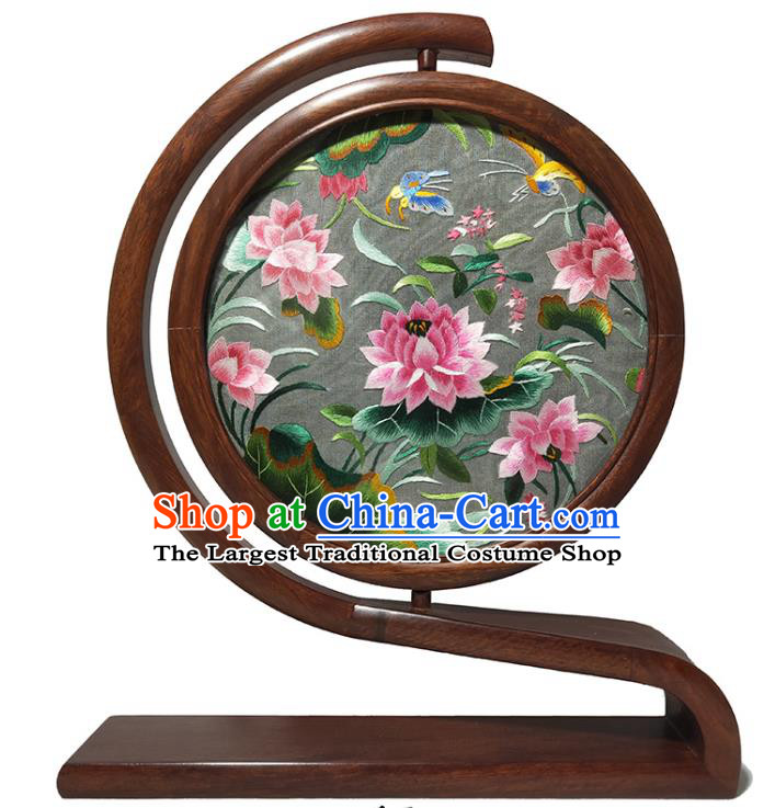 China Double Side Embroidered Craft Rosewood Home Decoration Traditional Handmade Lotus Painting Table Screen