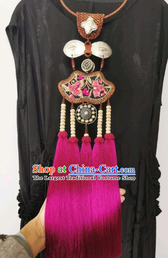 Traditional China Ethnic Embroidered Necklet Accessories Rattan Jewelry Handmade Rosy Tassel Silver Necklace for Women